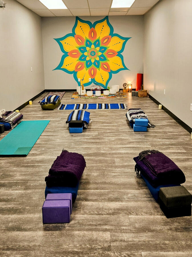 Sound bath setup at Sangha Center in Beaver Falls Sound bath setup at Sangha Center in Beaver Falls